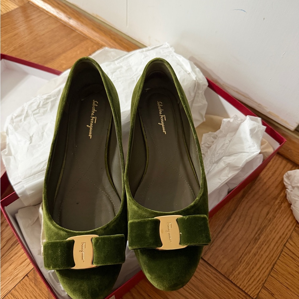 Salvatore Ferragamo Olive Velvet Flats with Gold Accent